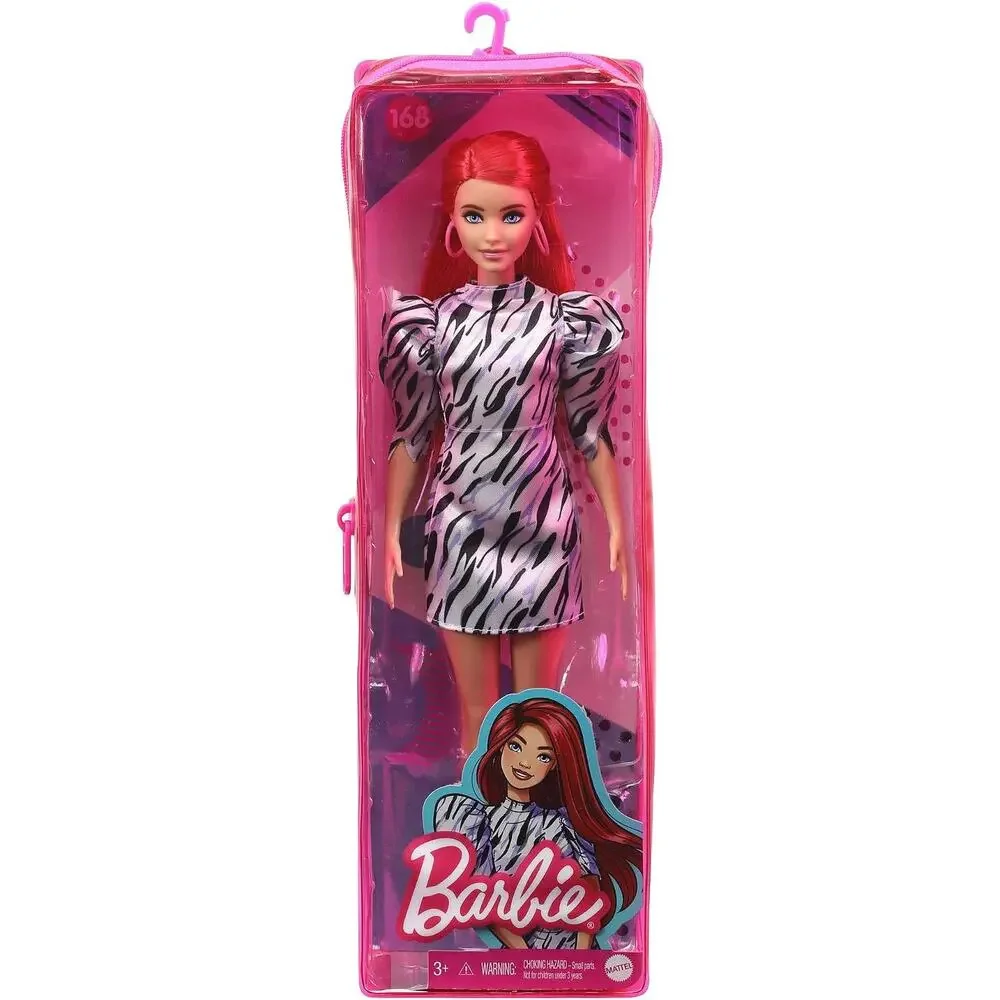 Barbie Fashionistas Doll #168 Smaller Bust Long Red Hair Zebra-striped Dress NIB